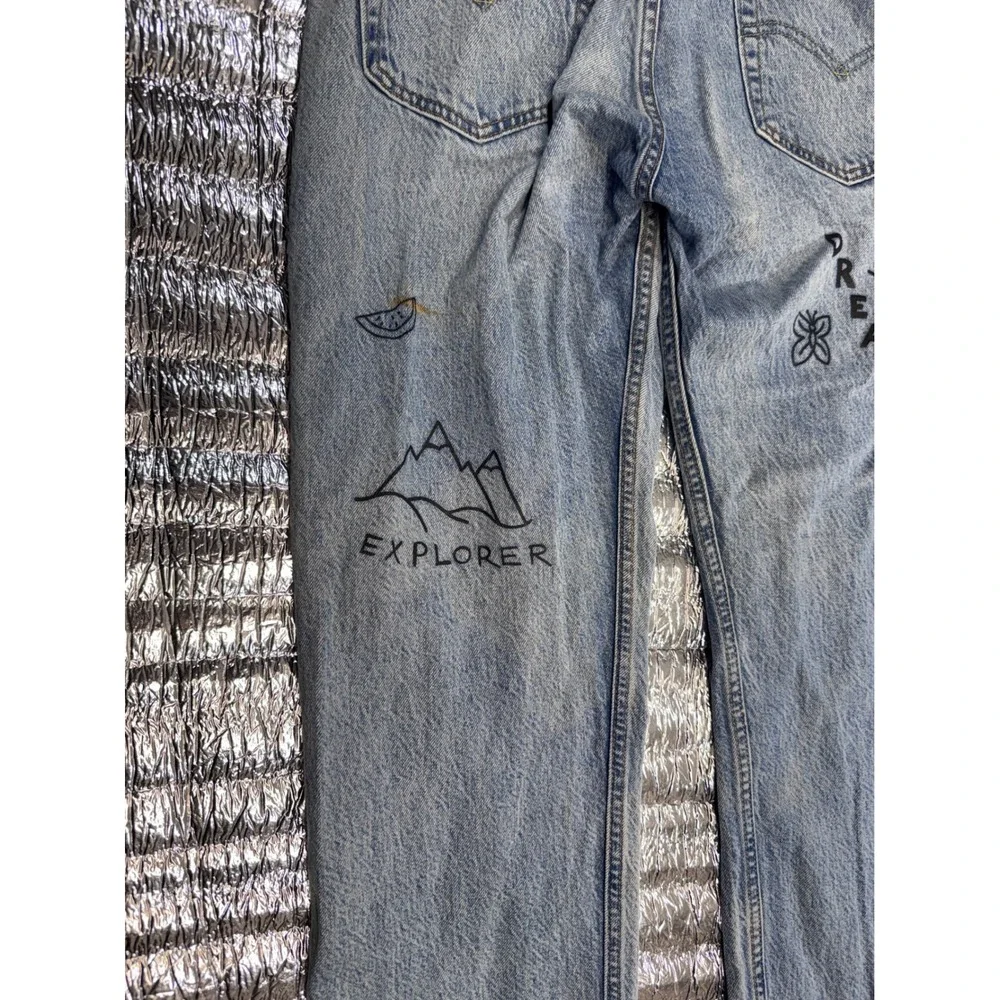 Levis 501 93 Straight Leg Jeans Light Wash Custom Doodle Graphics Mens 32x32